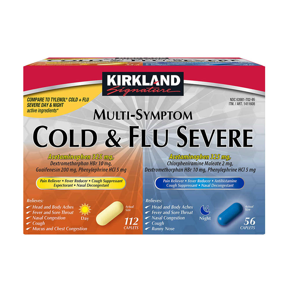 Viên Uống Giảm Các Triệu Chứng Cảm Cúm Kirkland Signature Cold & Flu Multi-Symptom Daytime & Nighttime 168 viên (112 Day Caplets + 56 Night Caplets)