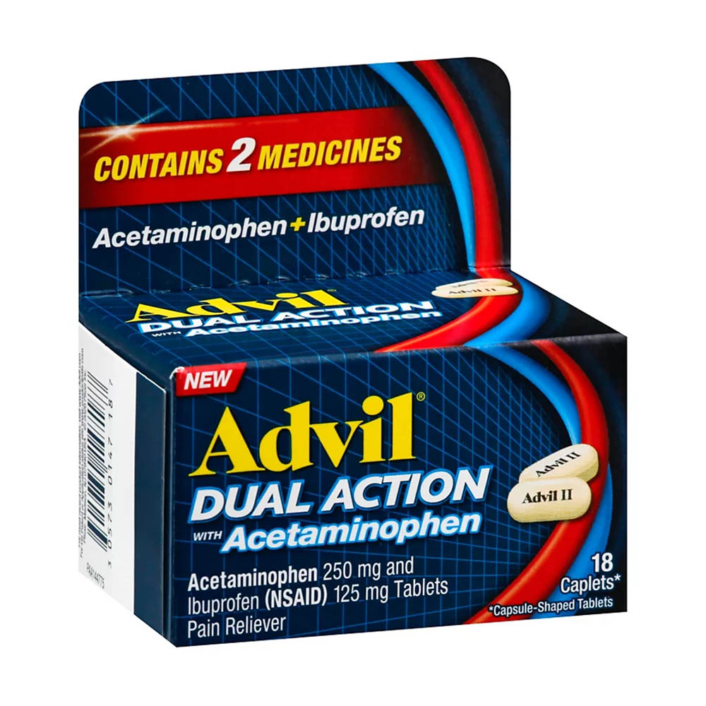 Viên giảm đau, hạ sốt Advil Dual Action Acetaminophen 250mg Ibuprofen 125mg 18 Caplets
