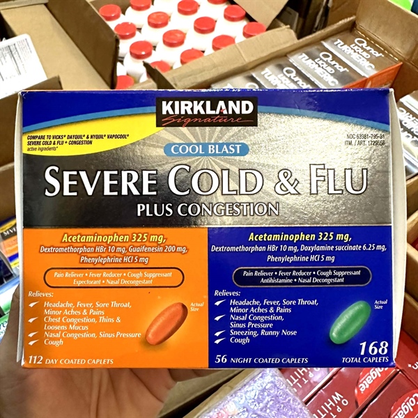Viên Uống Giảm Các Triệu Chứng Cảm Cúm Kirkland Signature Cold & Flu Multi-Symptom Daytime & Nighttime 168 viên (112 Day Caplets + 56 Night Caplets)