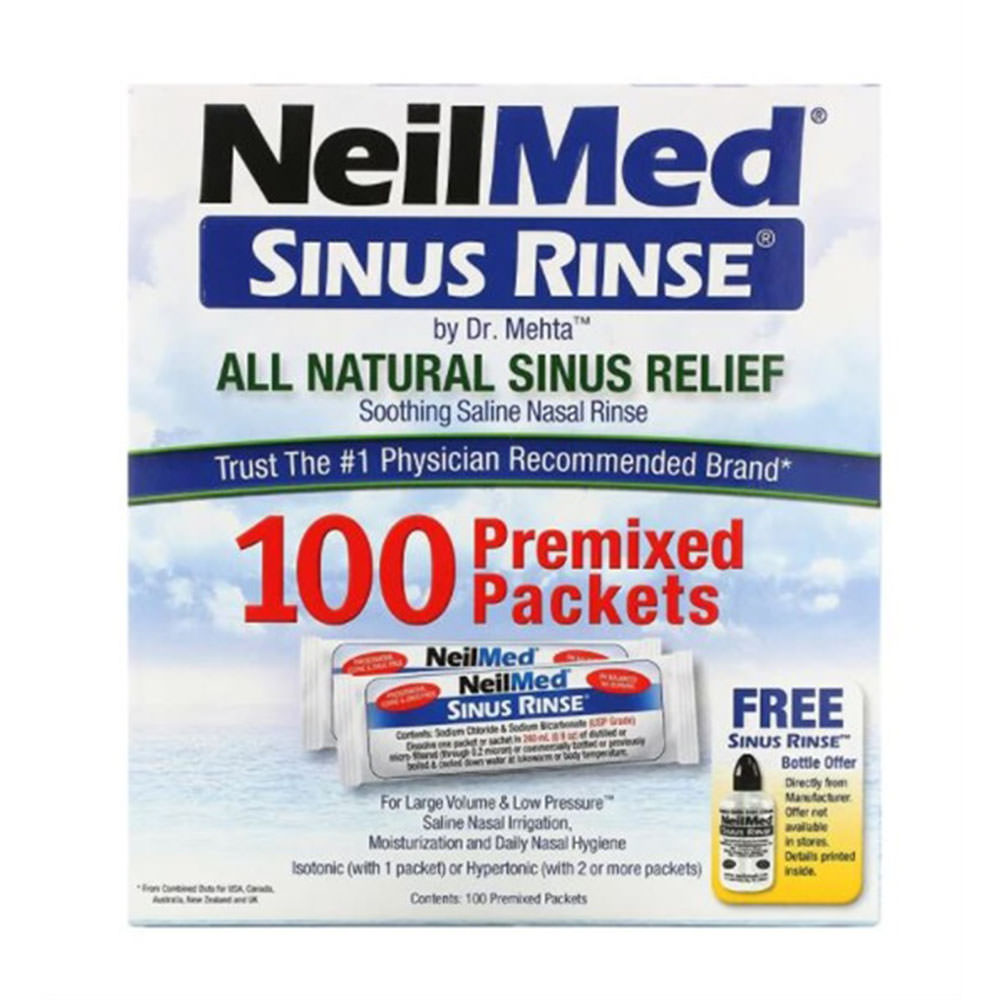 Bộ sản phẩm nước muối rửa mũi (nước muối sinh lý) Neilmed Rinse 100 gói.