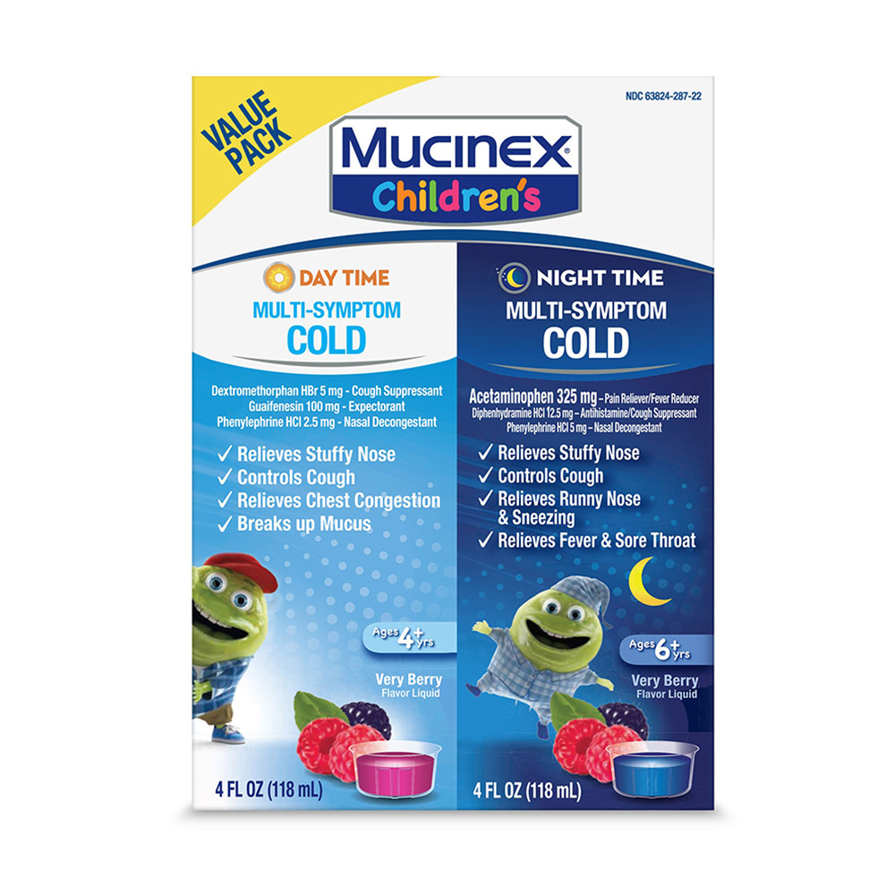 Siro ho trẻ em Children's Mucinex Multi-Symptom Day & Night Cold Relief Liquid - Dextromethorphan - Mixed Berry - 201ml.